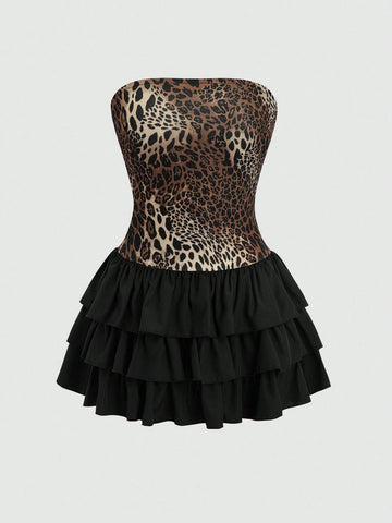 Women's Leopard Print Spliced Layered Hem Cropped Sleeveless Dress