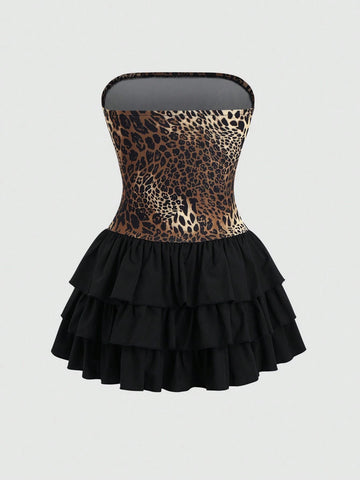 Women's Leopard Print Spliced Layered Hem Cropped Sleeveless Dress