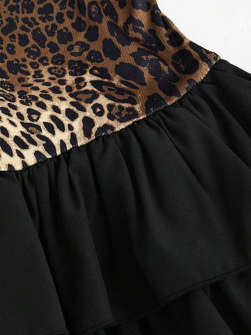 Women's Leopard Print Spliced Layered Hem Cropped Sleeveless Dress
