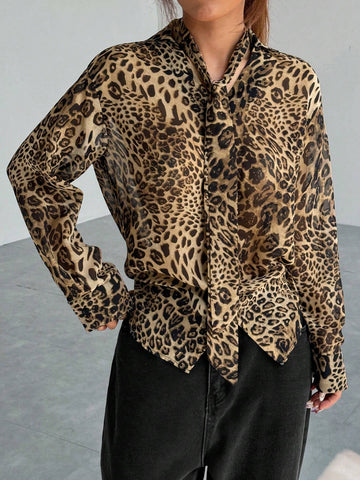 EZwear Women's Leopard Print Tie Collar Front Button Casual Long Sleeve Top