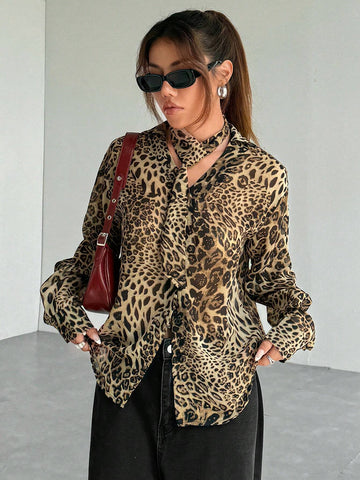 EZwear Women's Leopard Print Tie Collar Front Button Casual Long Sleeve Top