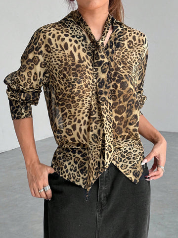EZwear Women's Leopard Print Tie Collar Front Button Casual Long Sleeve Top