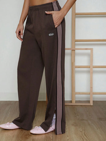 EZwear Women's Letter Elastic Waist Loose Wide Leg Casual Sweatpants