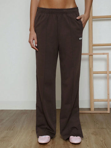 EZwear Women's Letter Elastic Waist Loose Wide Leg Casual Sweatpants