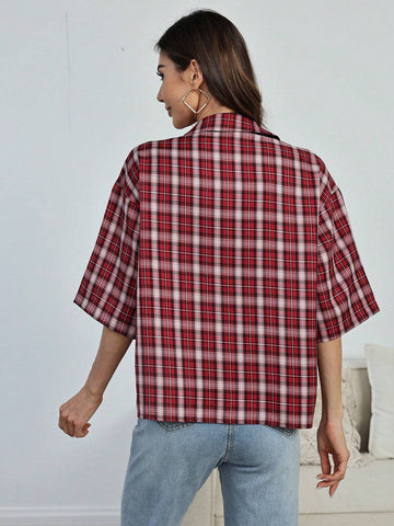 EZwear Women's Letter Plaid Print Drop Shoulder Pocket Loose Casual Shirt