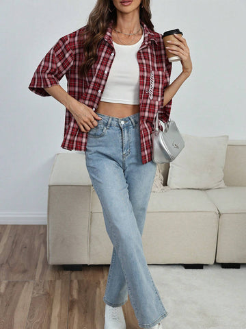 EZwear Women's Letter Plaid Print Drop Shoulder Pocket Loose Casual Shirt