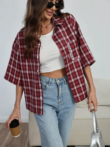 EZwear Women's Letter Plaid Print Drop Shoulder Pocket Loose Casual Shirt