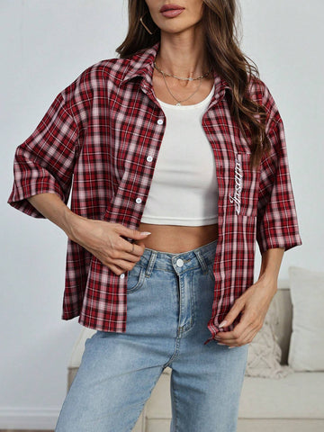EZwear Women's Letter Plaid Print Drop Shoulder Pocket Loose Casual Shirt
