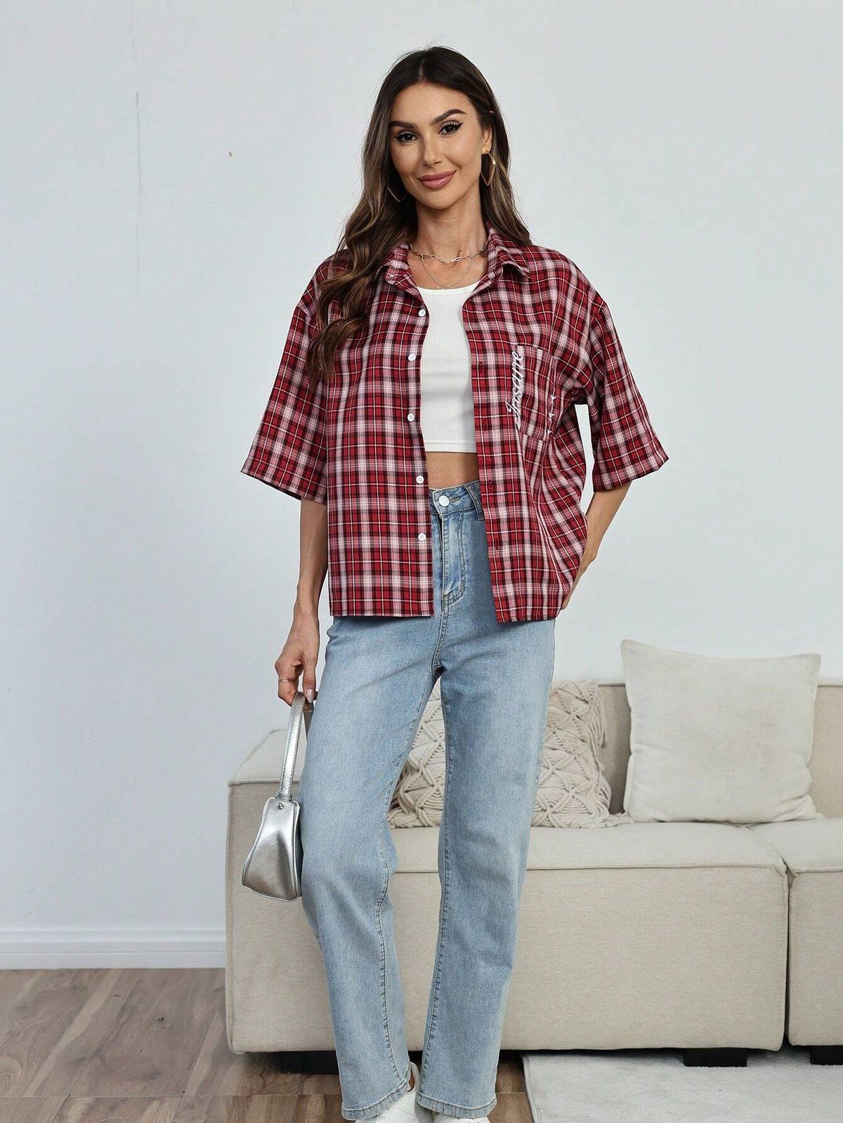 EZwear Women's Letter Plaid Print Drop Shoulder Pocket Loose Casual Shirt