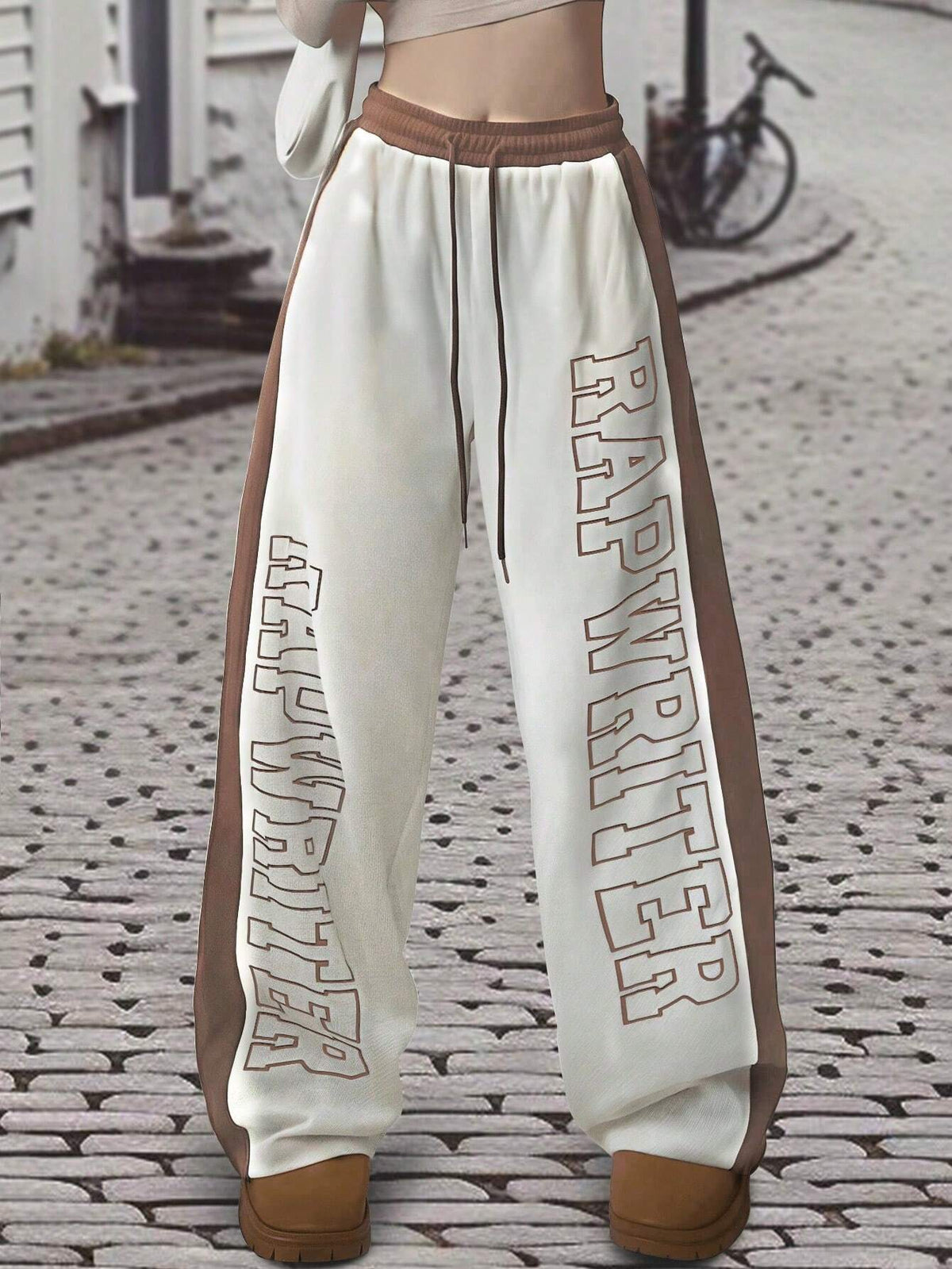EZwear Women's Letter Print Contrast Color Drawstring Waist Loose Sweatpants
