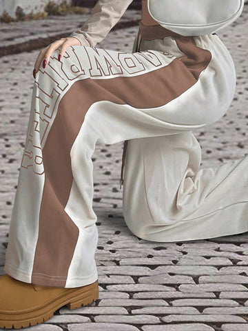 EZwear Women's Letter Print Contrast Color Drawstring Waist Loose Sweatpants