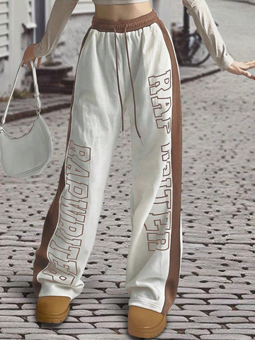 EZwear Women's Letter Print Contrast Color Drawstring Waist Loose Sweatpants