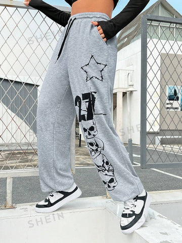 EZwear Women's Letter & Skull Print Drawstring Waist Joggers