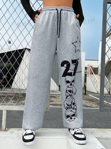 EZwear Women's Letter & Skull Print Drawstring Waist Joggers