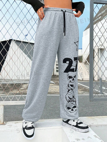 EZwear Women's Letter & Skull Print Drawstring Waist Joggers