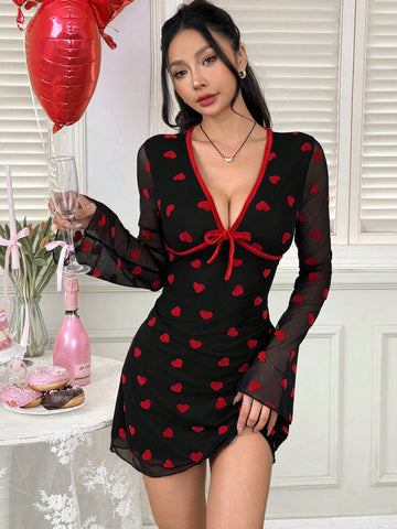 Women's Long Sleeve Heart All Over Print Tie Front Casual Short Dress