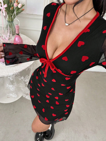 Women's Long Sleeve Heart All Over Print Tie Front Casual Short Dress