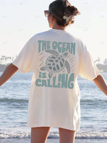 EZwear Women's Loose/Tight-Fit Long T-Shirt With Turtle Print On The Back For Beach Vacation, Summer