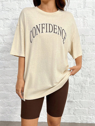 Women's Loose Fit Letter Print Drop Shoulder Top And Solid Cycling Shorts Set