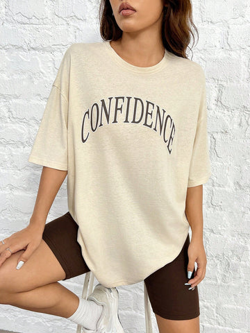 Women's Loose Fit Letter Print Drop Shoulder Top And Solid Cycling Shorts Set