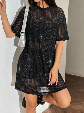 Women's Metallic Sheer Batwing Loose Short Dress