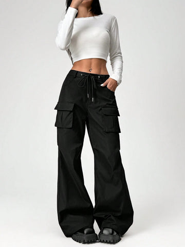 EZwear Women's New Arrival Black Low-Waist Drawstring Multi-Pocket Cargo Pants, Autumn