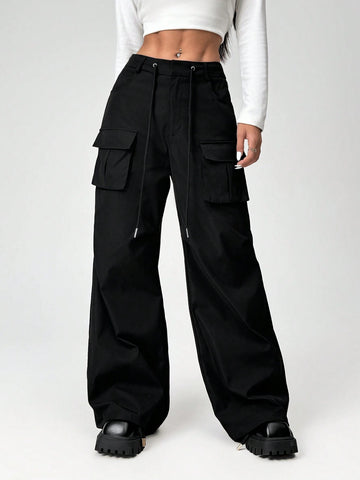 EZwear Women's New Arrival Black Low-Waist Drawstring Multi-Pocket Cargo Pants, Autumn