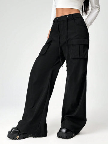EZwear Women's New Arrival Black Low-Waist Drawstring Multi-Pocket Cargo Pants, Autumn