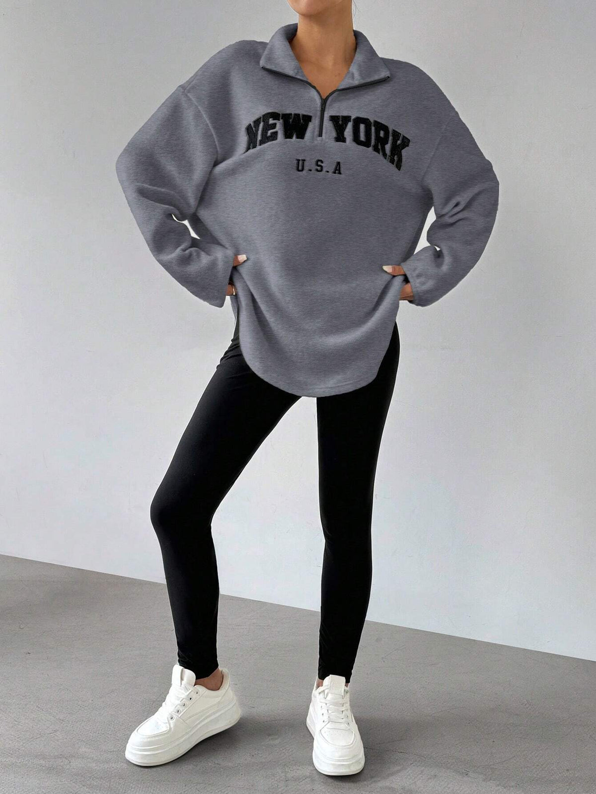 Women's New Arrival Letter Print Stand Collar Fleece Top And Elastic Waist Long Pants Suit, Autumn/Winter