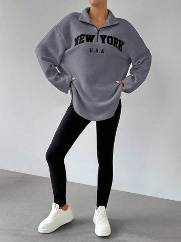 Women's New Arrival Letter Print Stand Collar Fleece Top And Elastic Waist Long Pants Suit, Autumn/Winter