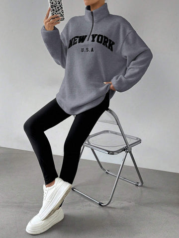 Women's New Arrival Letter Print Stand Collar Fleece Top And Elastic Waist Long Pants Suit, Autumn/Winter