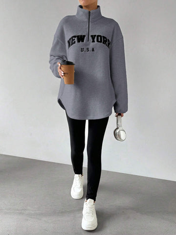 Women's New Arrival Letter Print Stand Collar Fleece Top And Elastic Waist Long Pants Suit, Autumn/Winter