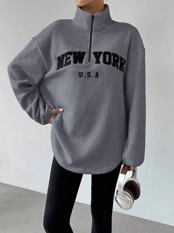 Women's New Arrival Letter Print Stand Collar Fleece Top And Elastic Waist Long Pants Suit, Autumn/Winter