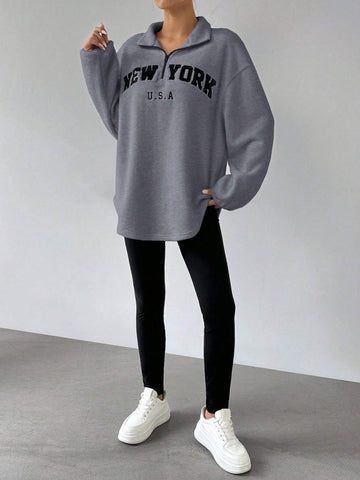 Women's New Arrival Letter Print Stand Collar Fleece Top And Elastic Waist Long Pants Suit, Autumn/Winter