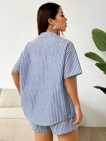 Women's New Blue & White Striped Summer Short Sleeve Shirt And Shorts Set
