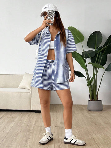 Women's New Blue & White Striped Summer Short Sleeve Shirt And Shorts Set