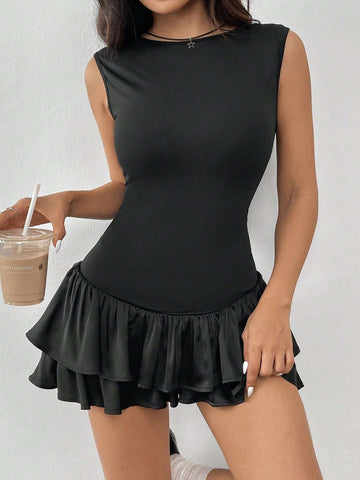 Women's New Boat Neck Ruffled Sleeveless Black Mini Dress, Ballet Style