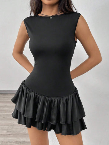 Women's New Boat Neck Ruffled Sleeveless Black Mini Dress, Ballet Style