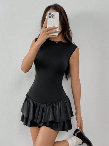 Women's New Boat Neck Ruffled Sleeveless Black Mini Dress, Ballet Style