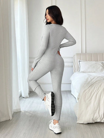 Women's New Elastic V-Neck Grey Knitted Skinny Jumpsuit