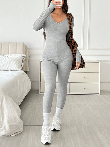 Women's New Elastic V-Neck Grey Knitted Skinny Jumpsuit