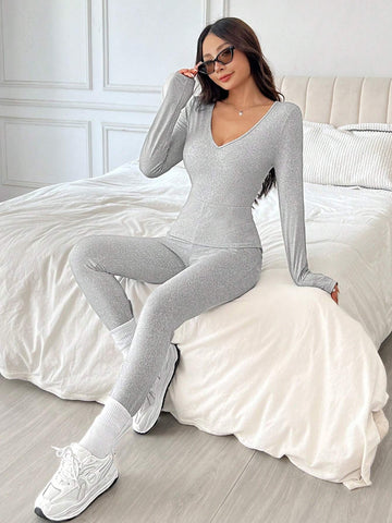 Women's New Elastic V-Neck Grey Knitted Skinny Jumpsuit