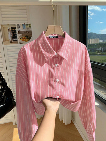 EZwear Women's New Fashion Bubble Georgette Cropped Loose Red Striped Shirt