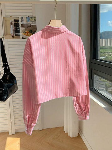 EZwear Women's New Fashion Bubble Georgette Cropped Loose Red Striped Shirt