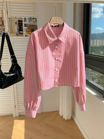 EZwear Women's New Fashion Bubble Georgette Cropped Loose Red Striped Shirt
