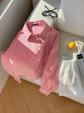 EZwear Women's New Fashion Bubble Georgette Cropped Loose Red Striped Shirt