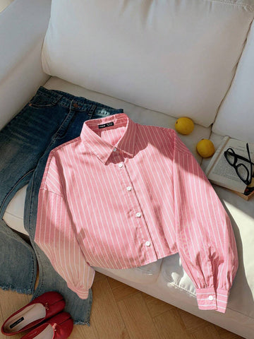 EZwear Women's New Fashion Bubble Georgette Cropped Loose Red Striped Shirt