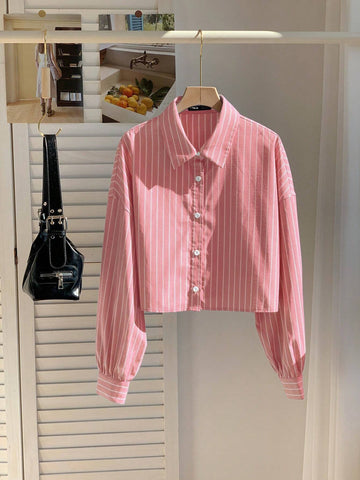 EZwear Women's New Fashion Bubble Georgette Cropped Loose Red Striped Shirt