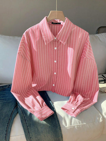 EZwear Women's New Fashion Bubble Georgette Cropped Loose Red Striped Shirt