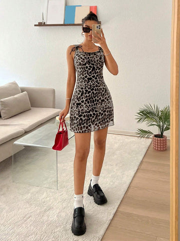 Women's New Leopard Print Mesh Bodycon Dress